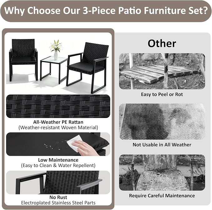 Shintenchi 3 Pieces Wicker Patio Bistro Sets, Rattan Patio Conversation Set with Coffee Table, Outdoor Wicker Furniture Set for Lawn, Garden, Balcony (Black)