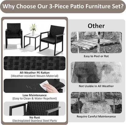 Shintenchi 3 Pieces Wicker Patio Bistro Sets, Rattan Patio Conversation Set with Coffee Table, Outdoor Wicker Furniture Set for Lawn, Garden, Balcony (Black)