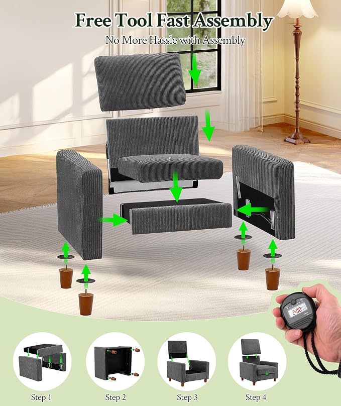 Welzona 35.3" Couches for Living Room, Comfy Grey Couch Single with 22.5" Deeper Seat, Accent Chair Tool-Free Setup, Reading Chair 440lbs Support, Corduroy Couch for Bedroom, Apartment, Office