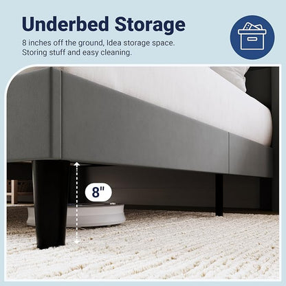Allewie Queen Size Platform Bed Frame with Charging Station & Storage Headboard, Upholstered Velvet Wingback Design & USB Port, Strong Wooden Slats Support, No Box Spring Needed, Easy Assembly, Grey