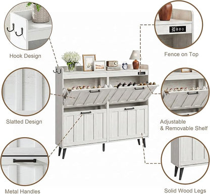 ChooChoo Shoe Storage Cabinet with 4 Flip Drawers, Deodorizing Shoe Organizer Storage for Entryway, Freestanding Hidden Slim Narrow Shoe Rack Cabinet, Antique White