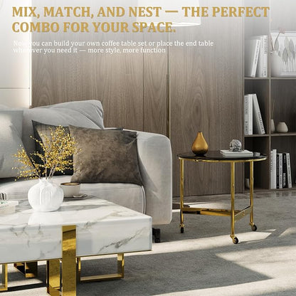 White Faux Marble Coffee Table Set with End Table, Luxurious Gold Coffee Tables 2 in 1, Nesting Coffee Table Set for Living Room Apartment