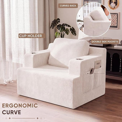 Homall 42” Single Sofa Foam Couch for Small Spaces Upholstered Floor Sofa with Cup Holder & Storage Pocket Boneless Couch for Bedroom Living Room (White, Single)