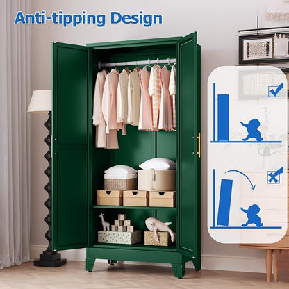 GAIOUS 71" Metal Wardrobe Cabinet with Mirror and Hanging Rod Green | Clothing Storage Cabinets with 2 Doors and Adjustable Shelves, Armoire Wardrobe Closet for Bedroom, Laundry Cloak Room