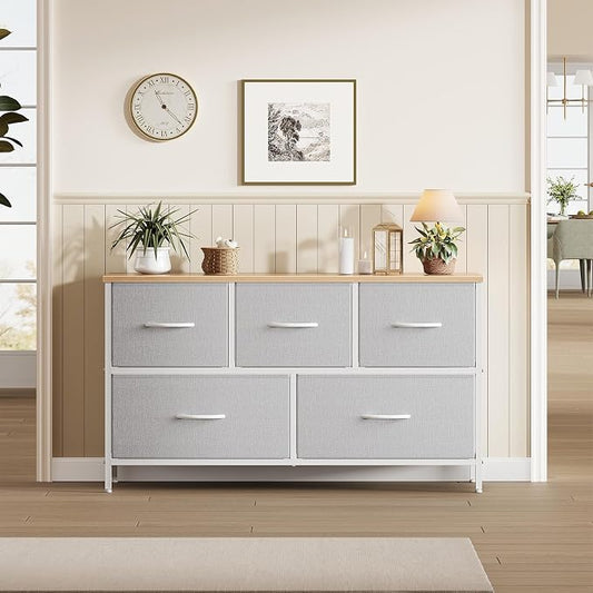 OLIXIS 5 Drawer Dresser for Bedroom, Storage Organizer Unit for Closet | Chest of Drawers for Clothes Storage with Bins, Wide Fabric Bedroom Dresser, Wooden Top, Living Room, Light Grey