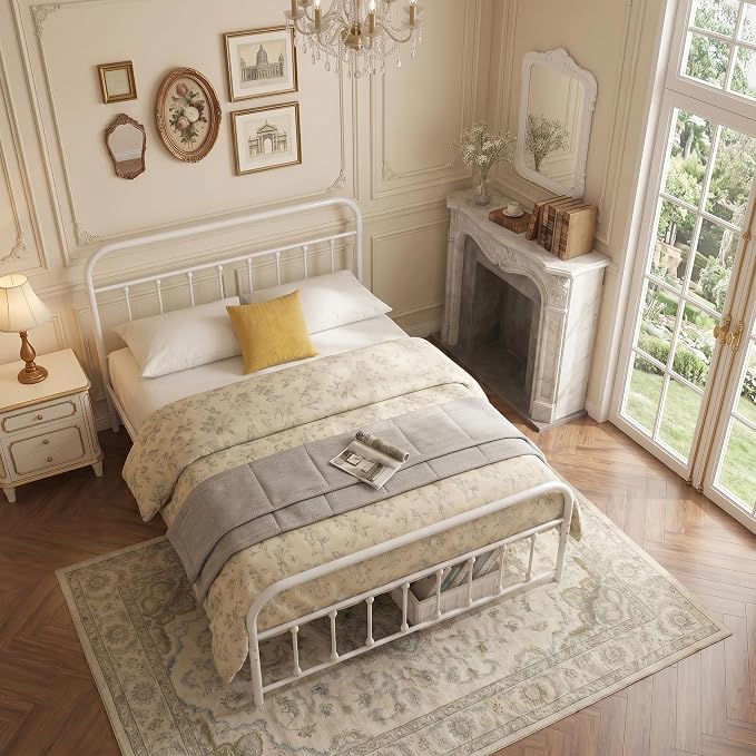 VECELO White Metal Bed Frame Queen Size with Vintage Headboard and Footboard, No Box Spring Needed, Premium Stable Steel Slat Support Mattress Foundation