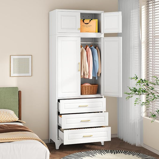 SteeLoong 86" Metal Armoire Wardrobe Closet with 3 Drawers,Tall Clothing Storage Cabinet with Adjustable Shelves and Hanging Rod,White Wardrobe Closet for Bedroom,Home,Bathroom,Gym