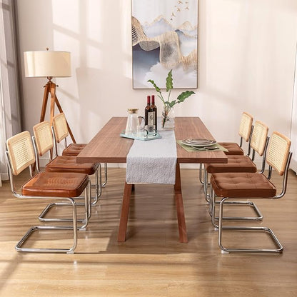 Zesthouse Natural Rattan Dining Chairs Set of 6, Mid Century Modern Dining Room Chairs with Chrome Leg, Faux Leather Kitchen Chair with Solid Wood Back & Cane Mesh, Breuer Cesca Design Inspired, Brown