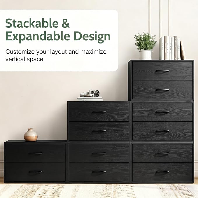PrimeZone 2 Wood Drawer for Closet Storage: Black Stackable Short Closet Dresser for Clothes Organizer - Modular Chest Cabinet for Closet Bedroom Dorm Wardrobe Nursery