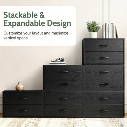 PrimeZone 2 Wood Drawer for Closet Storage: Black Stackable Short Closet Dresser for Clothes Organizer - Modular Chest Cabinet for Closet Bedroom Dorm Wardrobe Nursery, 2 Packs