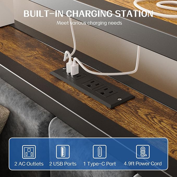 Liians Twin Size Platform Bed Frame with LED Lights, Grey Upholstered Headboard with 2-Tier Storage Shelves, Charging Station, Noise Free, No Box Spring Needed, Easy Assemably