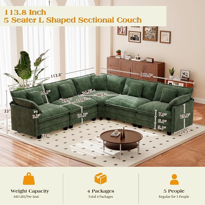 113.8" Modular Sectional Sofa,Cloud Couch for Living Room,Modern Deep Seat Sofa 5 Seater Chenille Fabric Comfy L Shaped Couches with Throw Pillows for Apartment