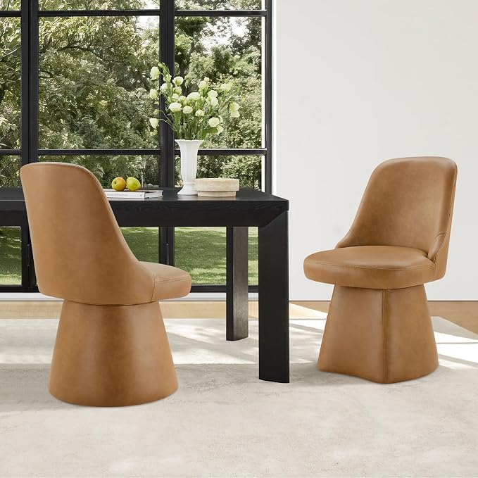 KISLOT Swivel Dining Chairs Set of 1, Upholstered Mid Century Modern Deskchair with High Back, Faux Leather Kitchen Chairs for Dining Room, Bedroom, Dressing Room, Brown