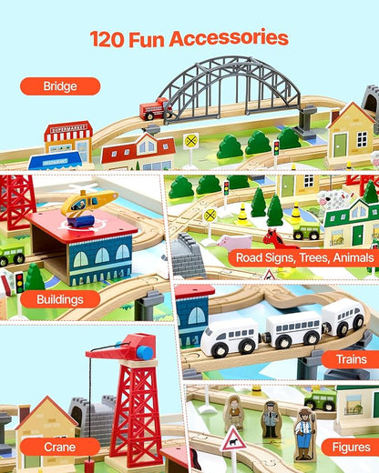 VEVOR Train Table, 120 Multicolor Pieces Wooden Kids Activity Table with Collapsible Storage Bin, 3-in-1 Wooden Train Set for Gaming, Drawing, Reading, Eating, Creative Toy Set for Kids Ages 3+