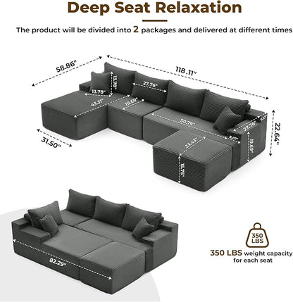 Mangodan 118'' Cloud Sectional Couch, U Shaped Boneless Couches for Living Room, Modular Sectional Sofa with Deep Seat Light Facing Chaise, Comfy Cloud Couch Sofa, Gray