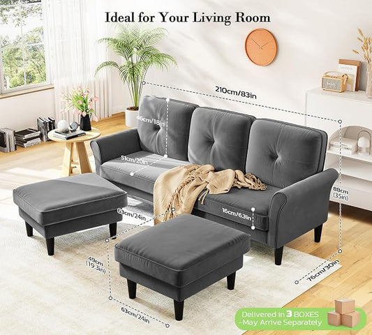 Kidirect Small Sectional Couch, 83" U Shaped Couch, Comfy Velvet Couches for Living Room, Tool-Free Setup Modular Sectional Sofa, 850lbs Load Sofas for Living Room with 2 Movable Ottomans, Grey Couch