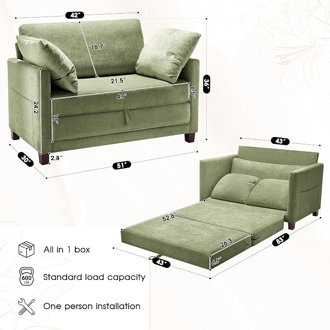 Myroyalsit 51" Convertible Loveseat Sofa Bed, 2-in-1 Folding Sofa Bed with 2 Pillow for Small Spaces, Modern Loveseat Compact Sleeper Couch for Apartment, Living Room & Guest Room (Light Green)