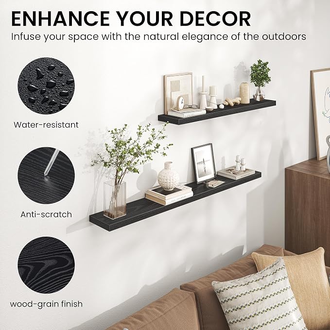 Heimlove Floating Shelves for Wall 32 Inch,Mounted Storage Wood Shelves with Invisible Brackets Hanging Shelf for Bedroom Living Room Kitchen Office,Set of 2,Black