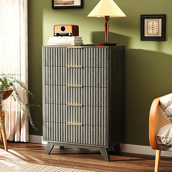 VINGLI Fluted Tall Dresser 5 Drawer Grey Chest of Drawers, Wood Dresser with Rounded Edges, Gray Chest Dressers for Bedroom, 29.92" W*15.6" D*44.88" H