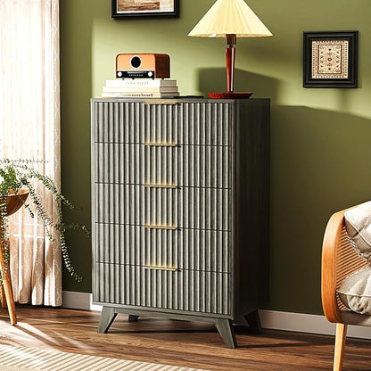 VINGLI Fluted Tall Dresser 5 Drawer Grey Chest of Drawers, Wood Dresser with Rounded Edges, Gray Chest Dressers for Bedroom, 29.92" W*15.6" D*44.88" H