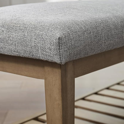 Zihanhome Entryway Bench, Chenille Upholstered Shoe Benches for Bedroom, Ottoman Benches with Solid Wood Shelf, Storage Bench for Hallway, Living Room(Grey)