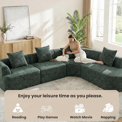 123" Curved Modular Sectional Sofa for Living Room, Oversized Chenille Cloud Couch, L-Shaped Boneless Sofa with Chaise Lounge, Compressed Couch Deep Seat, No Assembly (Green, L-Shape Right Chaise)