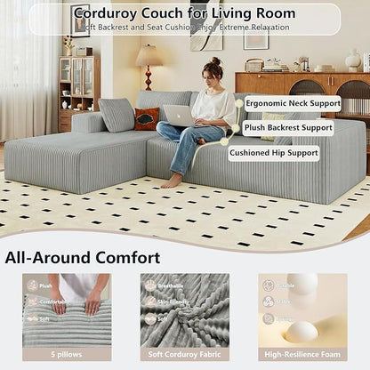 95" Cloud Sectional Couch with L-Shape Chaise, Modular Comfy Sofa Chaise Longue, Upholstered Corduroy Couches Sleeper with Deep Seat for Living Room, No Assembly Required(Light Grey, Left Facing)