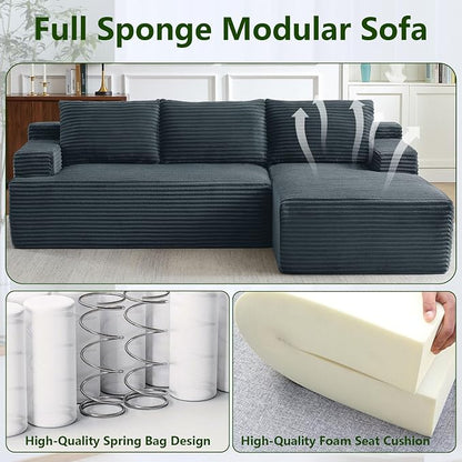 96" Modular Sectional Sofa, Modern Corduroy Cloud Couch, Boneless Couch Upholstered 3-Seater L-Shaped Sofa for Living Room, No Assembly Required (Dark Grey, Right-Facing Chaise)