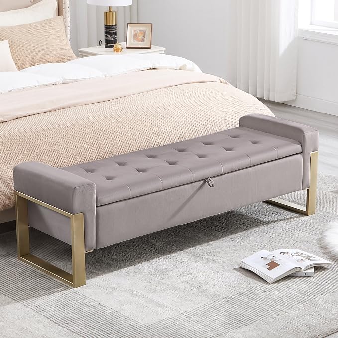 End of Bed Storage Bench, 67'' Benches for Bedroom Foot of Bed King Size, Upholstered Velvet Storage Ottoman Bench with Gold Legs for Window Living Room Entryway, Khaki Grey