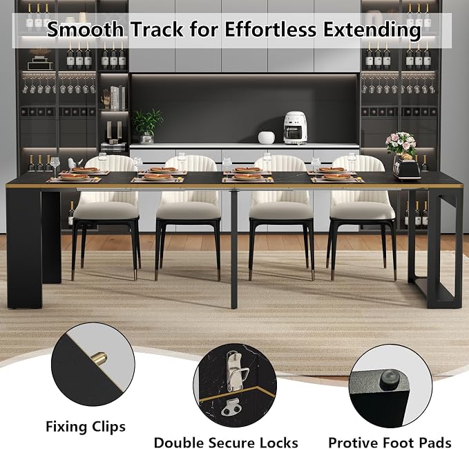 Extendable Dining Table, Transformer Folding Console Table for 2-8 People, 17"-112" Space Saving Dining Room Table, Wood Black Faux Marble Dining Table, Kitchen and Dining Room Furniture (No Chairs)