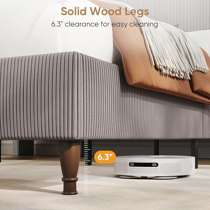 King Bed Frame with 55.3" Tall Headboard, Corduroy Upholstered Platform Bed with LED Lights & Charging Station, Wingback Storage Headboard, Solid Wood Slats,Noise Free,No Box Spring Needed,Gray Brown