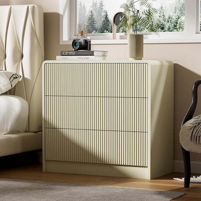 Furniway Bedroom Dresser Set 3 Piece, 6 Drawer Curved Dresser with 2 Nightstands, Modern Fluted Wood Storage Cabinet, White Chest of Drawers with Pop-Up Design, Beige
