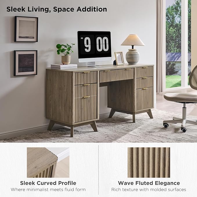 T4TREAM Fluted Executive Desk with Drawers, 60" Modern Home Office Computer Desk with Charging Station, File Cabinet, Keyboard Tray and Storage Cabinet for Study, Living Room, Bedroom, Alder Grey