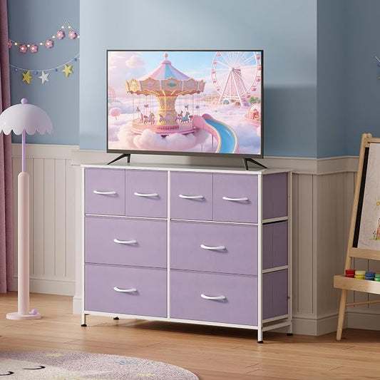 WLIVE Dresser for Bedroom with 8 Drawers, Wide Fabric Dresser for Storage and Organization, Bedroom Dressers, Chest of Drawers for Living Room, Closet, Hallway, Purple