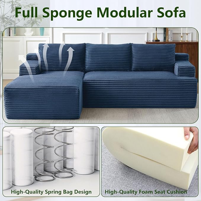 96" Modular Sectional Sofa, Modern Corduroy Cloud Couch, Boneless Couch Upholstered 3-Seater L-Shaped Sofa for Living Room, No Assembly Required (Blue, Left-Facing Chaise)