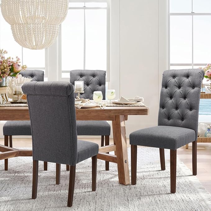 COLAMY Tufted Dining Chairs Set of 6, Parsons Dining Room Chairs Upholstered Fabric Diner Chair Stylish Kitchen Chairs with Solid Wood Legs and Padded Seat - Grey