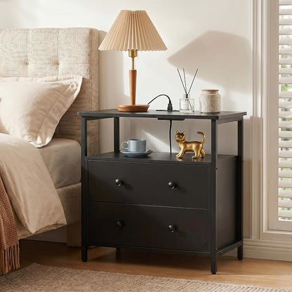 Edbuosy 27 inch Wide Nightstand Set 2 with Charging Station, Bedside Table with Open Shelf, 2 Drawers Small Wood Dresser, Modern Wood Nightstand for Bedroom/Living Room, Black