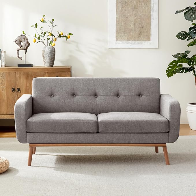 HUIMO Sofa Couch, Mid Century Modern Sofa with Solid Wood Frame, Button Tufted Couch for Bedroom, Living Room, Office, Apartment (Dark Grey, 60 inch)
