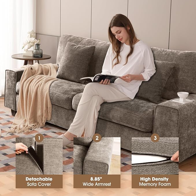 DOPEDIO Modern Loveseat Sofa for Living Room,Chenille Recliner, Removable Cover, Pocket Spring Cushions, Solid Wood Frame, Easy Assembly for Small Spaces (88.58inch，Brown)