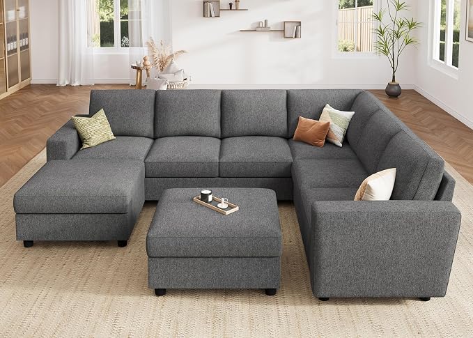 HONBAY Sectional Couch with Storage, U Shaped Sectional Sofa, 8 Seater Sectional Couch for Living Room, Light Grey