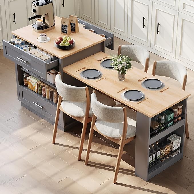 ONBRILL 76" Kitchen Islands with Extendable Dining Table, 2-4 Island Table with Double-Side Storage, Mobile Storage Islands Cart with Power Outlet & Spice Rack, Grey