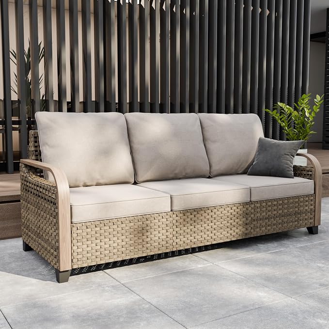 Modern Wicker Patio Sofa, Rattan Outdoor Couch for Small Balcony, 3 Seat Couch Furniture Set for Garden Deck Backyard, Brown/Gray