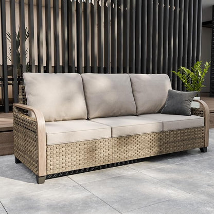 Modern Wicker Patio Sofa, Rattan Outdoor Couch for Small Balcony, 3 Seat Couch Furniture Set for Garden Deck Backyard, Brown/Gray