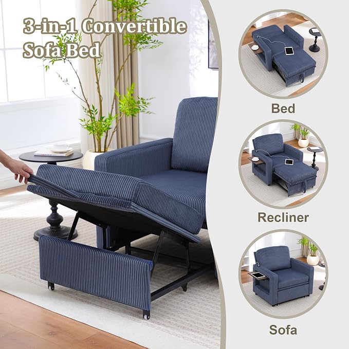 3 in 1 Folding Convertible Sleeper Sofa Bed Pull Out Couch with Side Pockets USB Port Side Table Single Sofa Bed with Adjustable Backrest for Living Room Bedroom 66" Blue 1 SEAT