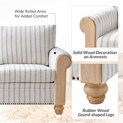 Farmhouse Loveseat with Rolled Arms,Stripe Modern Sofa with Brushed Wood Gourd Feet & Copper Nailhead Trim, Linen Fabric Upholstered Couches for Living Room
