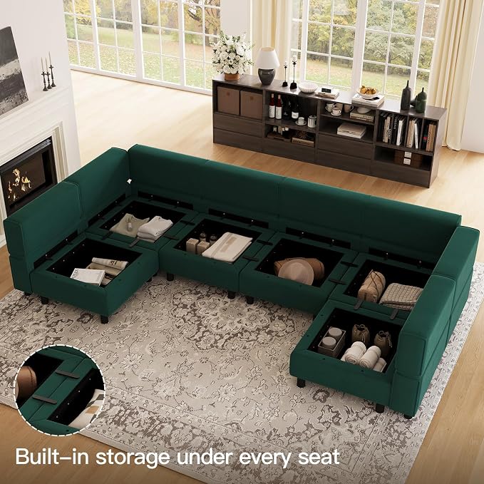 Belffin Modular Sectional Couch U Shaped Sofa with Storage Seat Reversible Sectional Sofa Couch with Chaise Velvet Green
