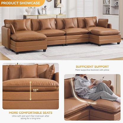 147'' Sectional Cloud Deep Seat Couch, Oversized Leather U Shaped Sectional Sofa for Living Room Set, Comfy Upholstered Modular Sectional Sofa Couch with Movable Ottoman, Leather Light Brown