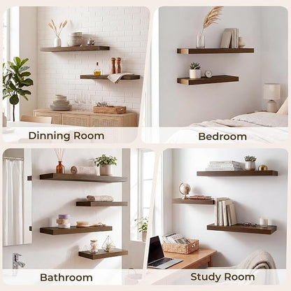 RICHFOCUS 28Inch Floating Shelves for Wall 2 Pack Shelves for Bedroom|Kitchen|Bathroom|Laundry Room Rustic Wood Wall Mounted Shelf with Invisible Brackets for Books|Storage|Decor, Walnut