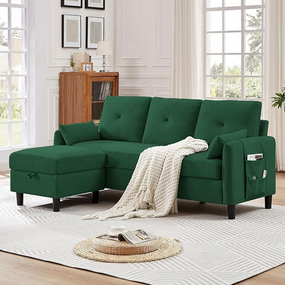 77" Convertible Sectional Sofa, Small L Shaped Couch with Storage Chaise, 3 Seats Modern Polyester Fabric Couches for Living Room, Apartment and Small Space, Green