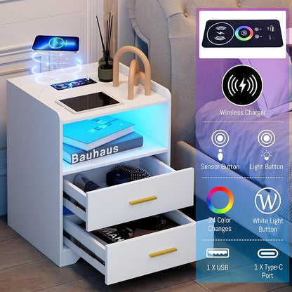 dnbss White LED Nightstand with Charging Station and 24-Color RGB Lights, Smart Night Stand with Human Sensor Lighting, Modern Bedside Table for Bedroom